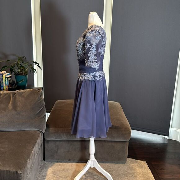 Women’s Short Blue Chiffon Prom Party Dress with Floral Detail Zip Back Size S - Picture 8 of 12